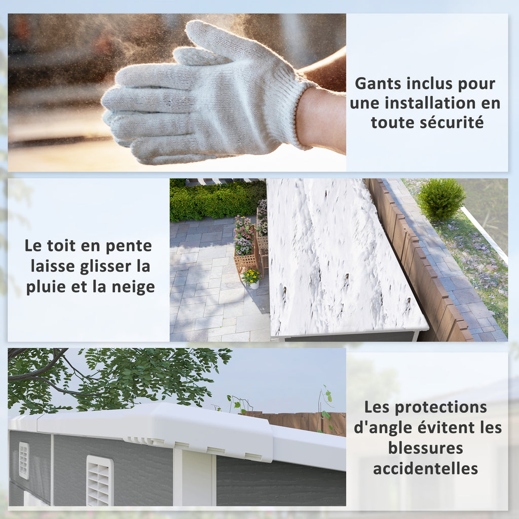 Abri de jardin extérieur 2,4 x 1,3 m, en résine avec plancher, fenêtre, portes verrouillables et aérations, gris-8