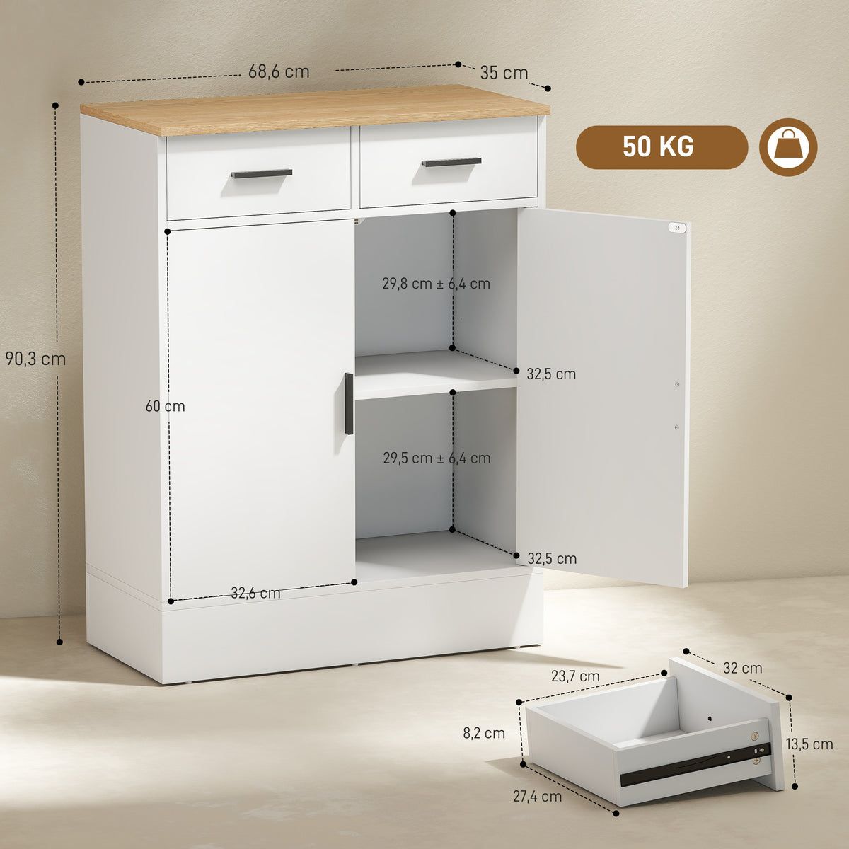 Buffet, meuble de rangement avec 2 portes, 2 tiroirs et étagère réglable, 68,6 x 35 x 90,3 cm, bois naturel et blanc-2