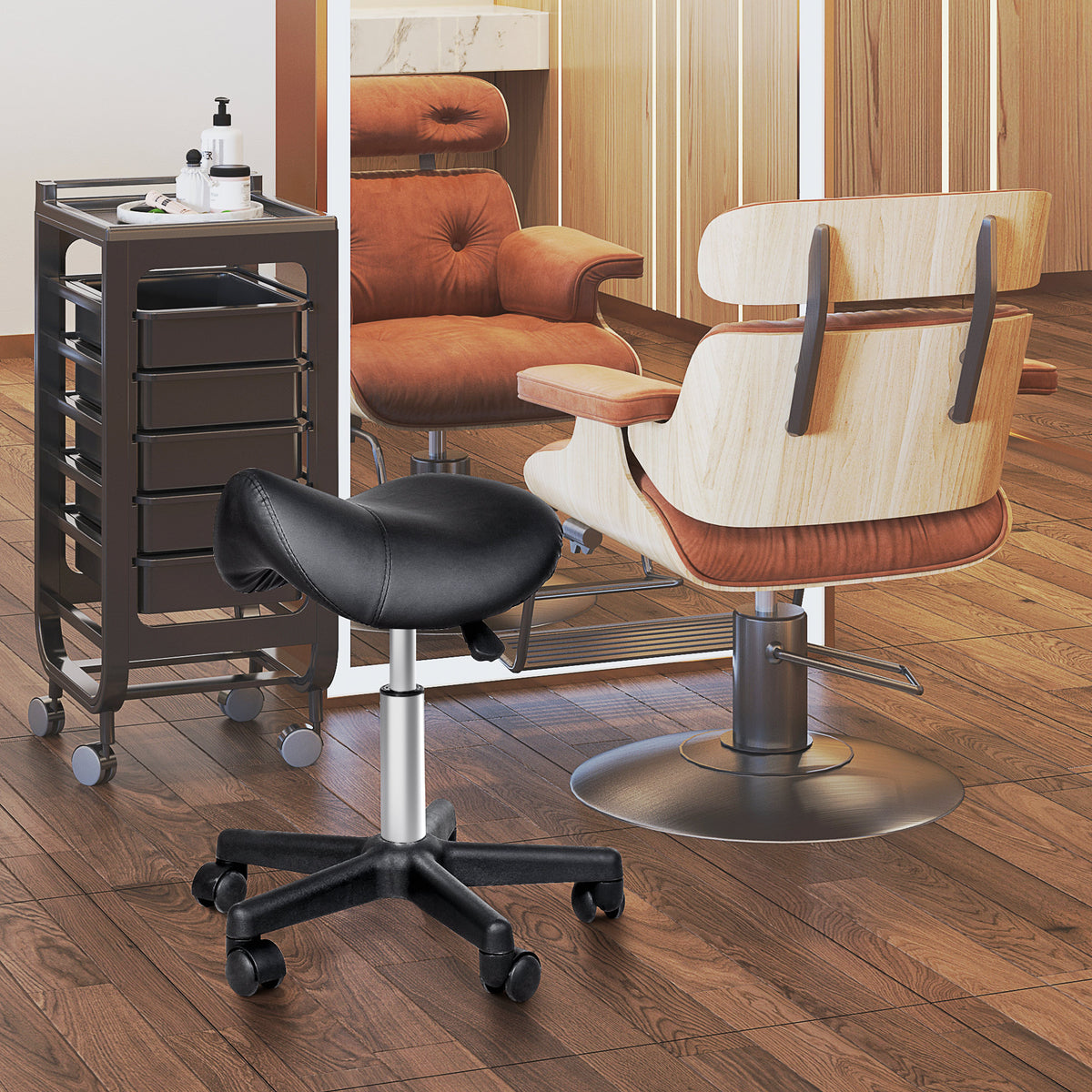 Tabouret à roulettes, tabouret de massage avec hauteur réglable 43-55 cm et selle ergonomique, chaise de travail à roulettes pivotant 360°, pour salon de massage, tatouage, clinique, spa, noir-1