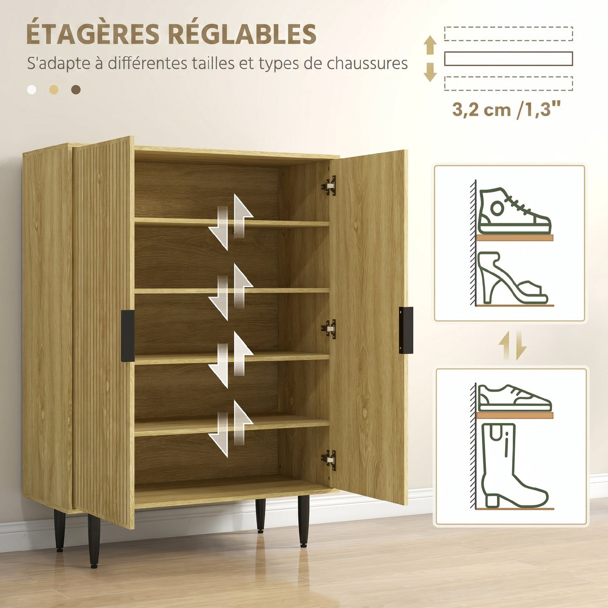 Meuble à Chaussures 15 Paires, Armoire à Chaussures 5 Niveaux avec Étagères Réglables, 2 Portes et Pieds en Métal, Chêne-4
