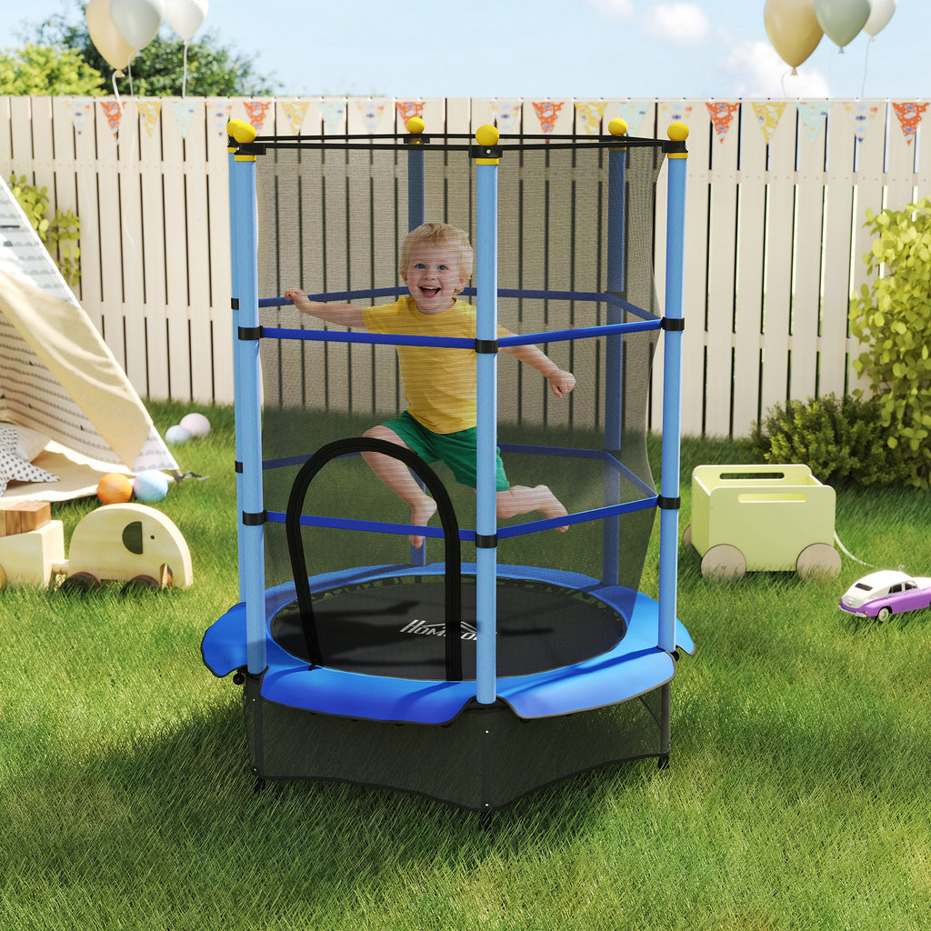 Trampoline Enfant Ø 1,40 × 1,90H m Filet de sécurité Porte zipée Couvre-Ressorts 6 poteaux rembourrés Inclus Bleu-1