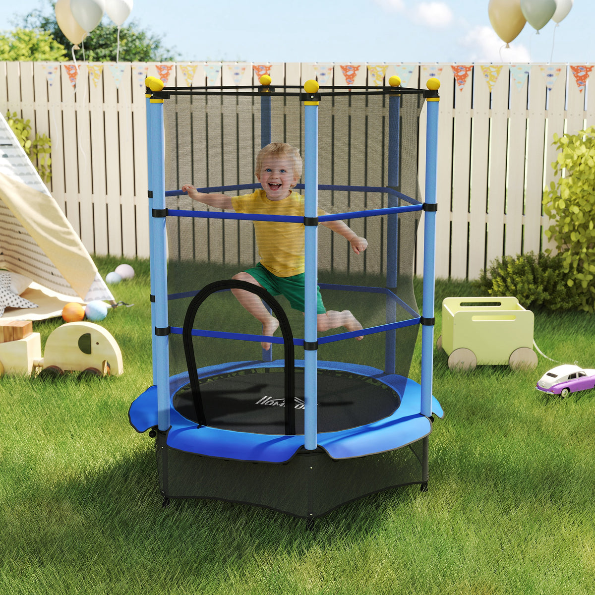 Trampoline Enfant Ø 1,40 × 1,90H m Filet de sécurité Porte zipée Couvre-Ressorts 6 poteaux rembourrés Inclus Bleu-1