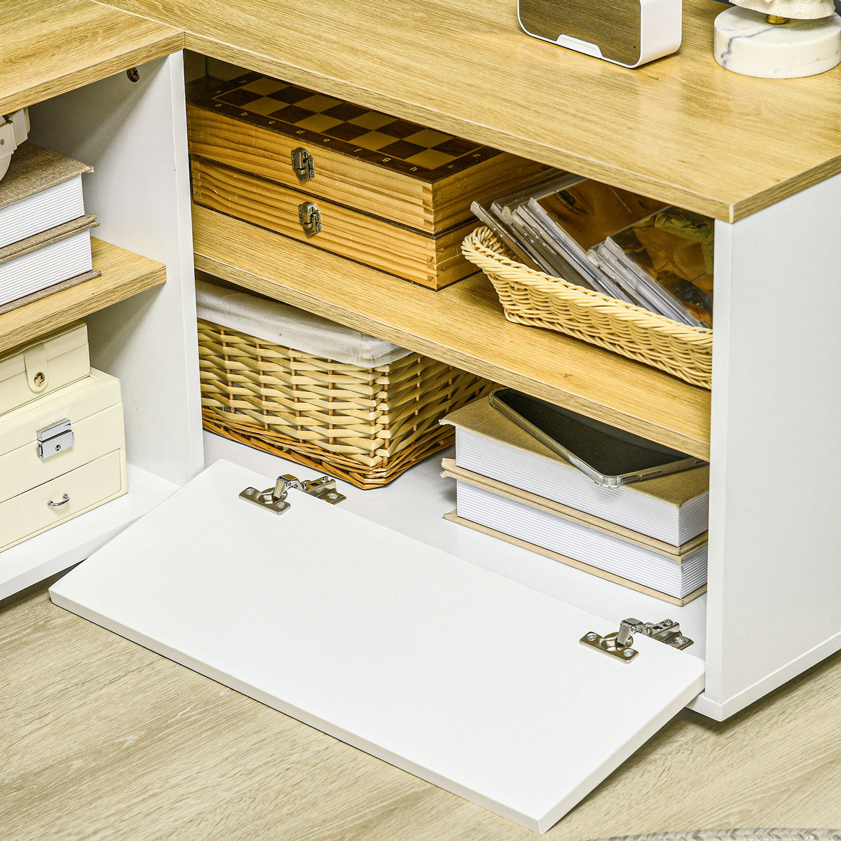 Meuble TV d'angle banc télévision jusqu'à 40 pouces avec rangements aspect bois clair et blanc-7