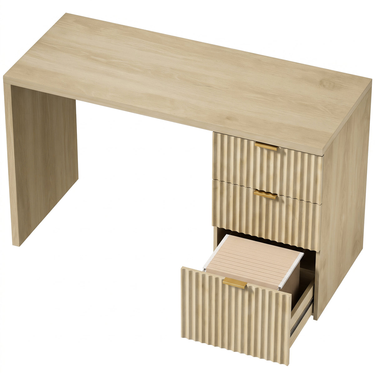 Bureau d'Ordinateur, Rangement Réversible, 3 Tiroirs Façades Ondulées, Plateau Épais et Spacieux, 120x50x76cm, Chêne-0