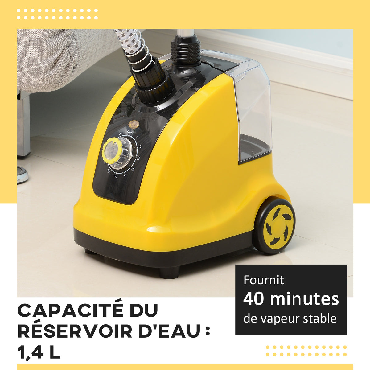 Défroisseur vapeur vertical défroisseur à vêtements 1,4 L 1950 W débit vapeur 32g/min tige telescopique jaune noir-3