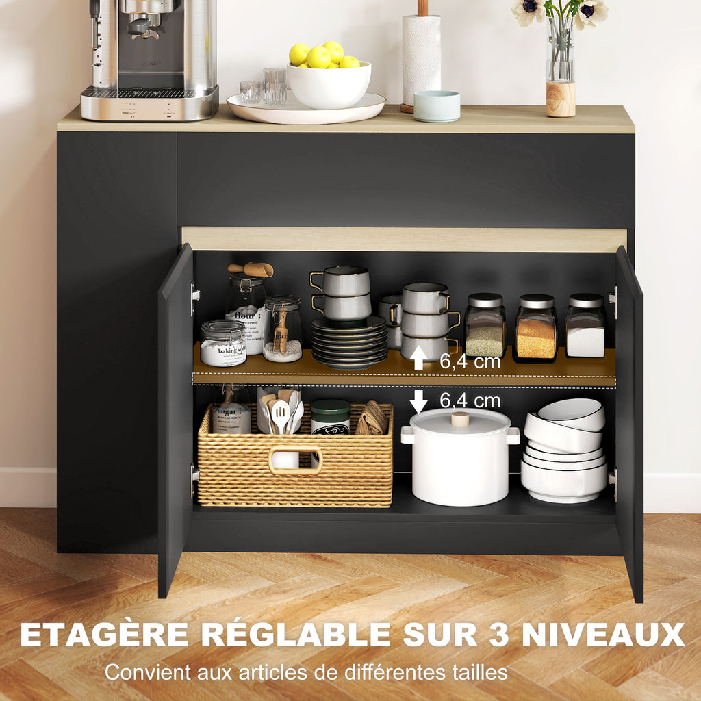 Buffet meuble de rangement avec 2 tiroirs 3 étagères ouvertes et placard 2 portes 110 x 29,5 x 82 cm noir-4