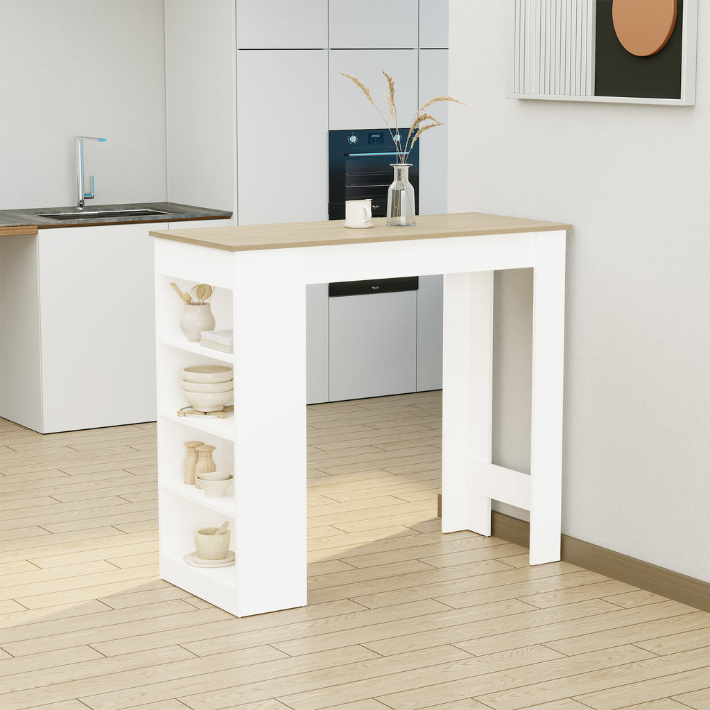Table de bar pour 2 personnes, table haute mange debout avec 4 étagères ouvertes, 115x50x102,7cm, blanc et bois naturel-9