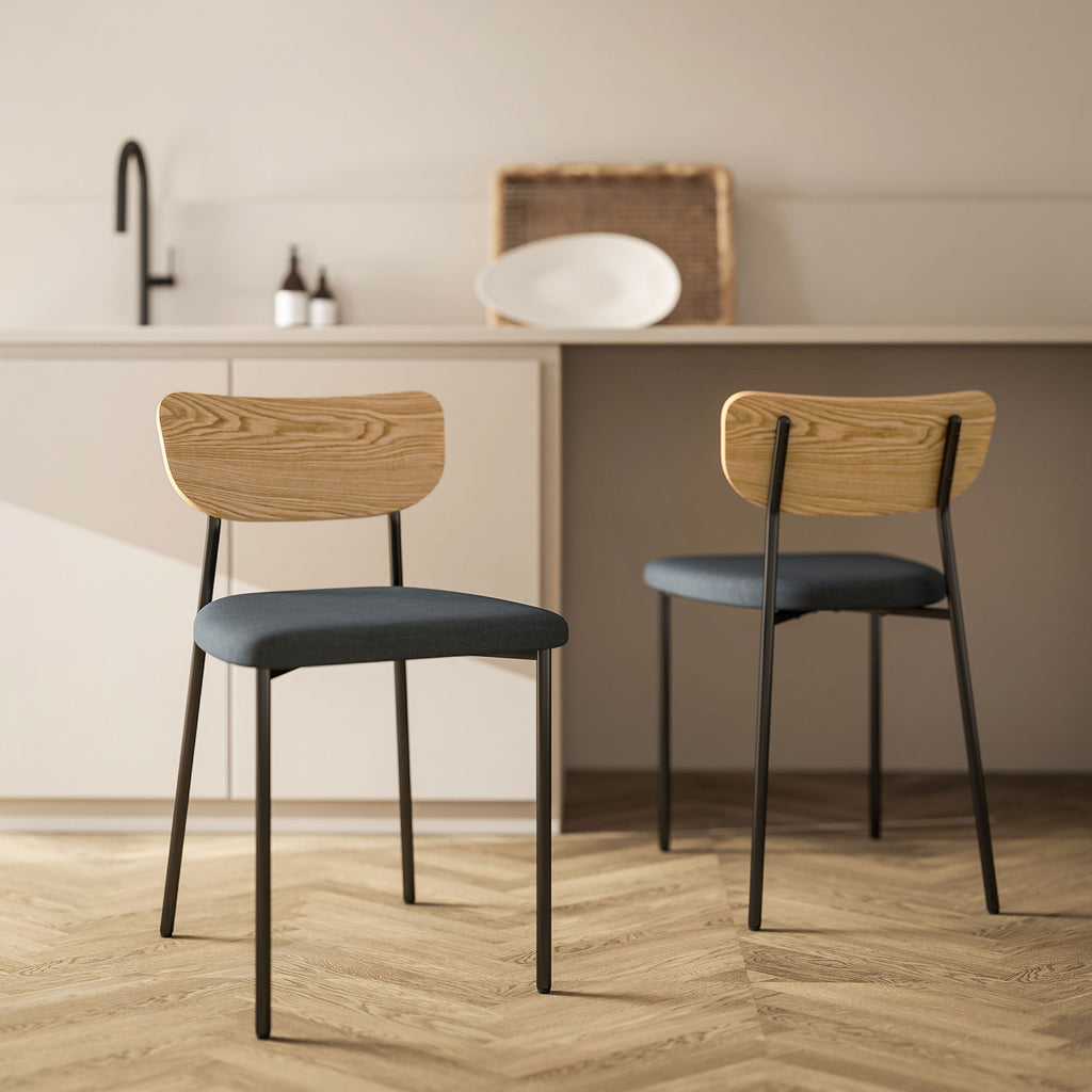 Lot de 2 chaises de salle à manger avec pieds en acier, dossier incurvé et assise rembourrée, gris et effet bois naturel-1