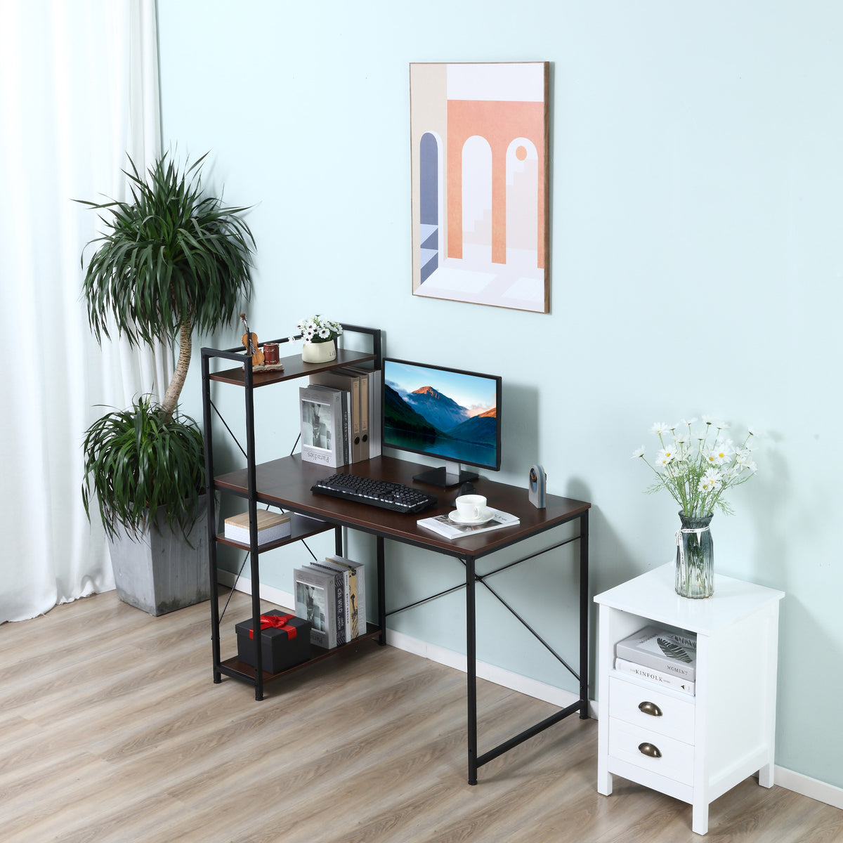 Bureau d'angle avec rangement design Industriel avec bibliothèque 3 étagères panneaux particules aspect noyer-9