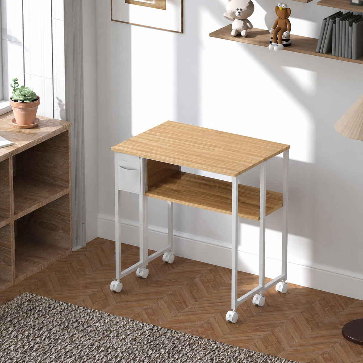 Bureau pliable sur roulettes 63 x 50 cm avec étagère et sac de rangement, bois naturel-1