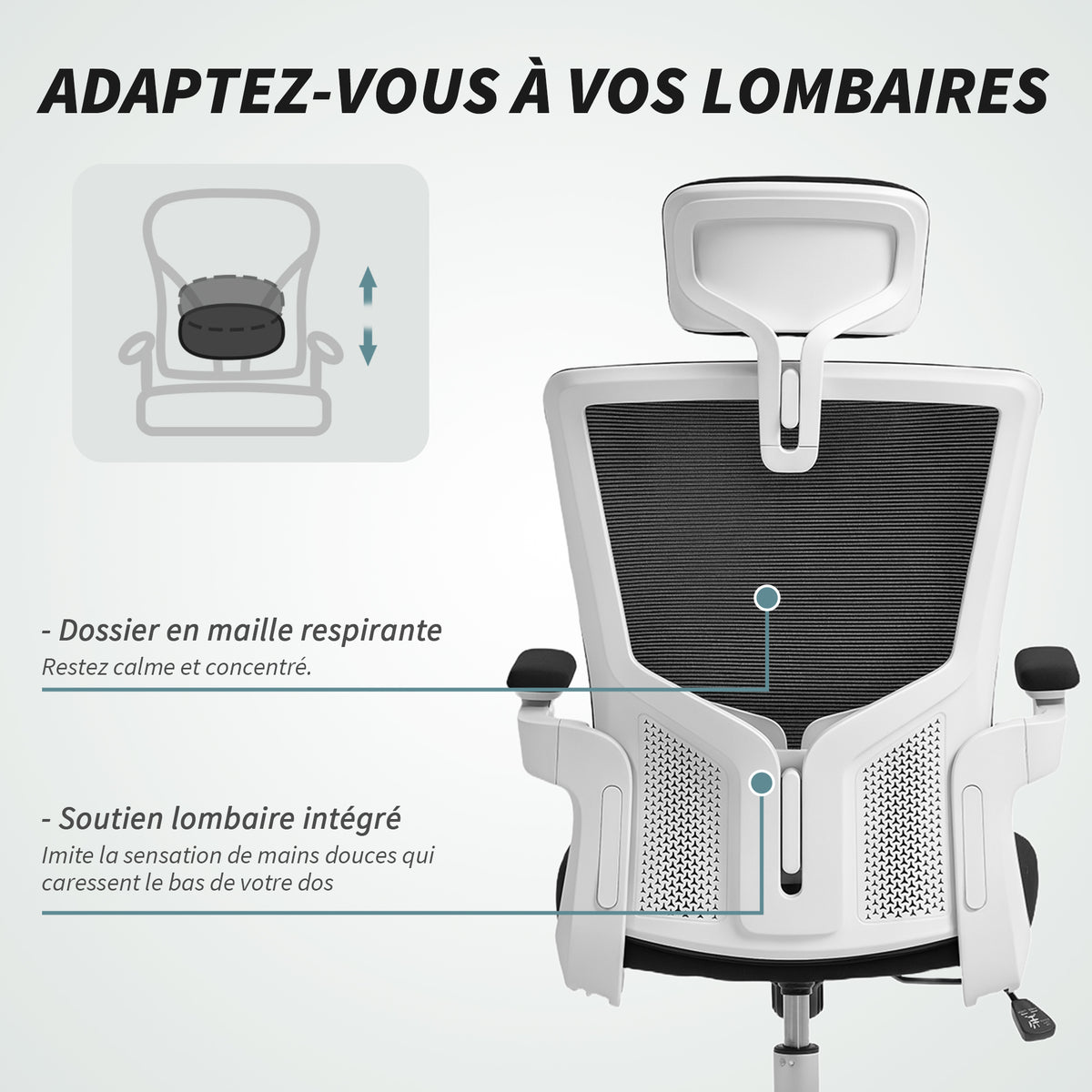 Chaise bureau ergonomique, fauteuil de bureau, accoudoirs relevables, soutien lombaire, appui-tête, 60x63x120cm, noir-4