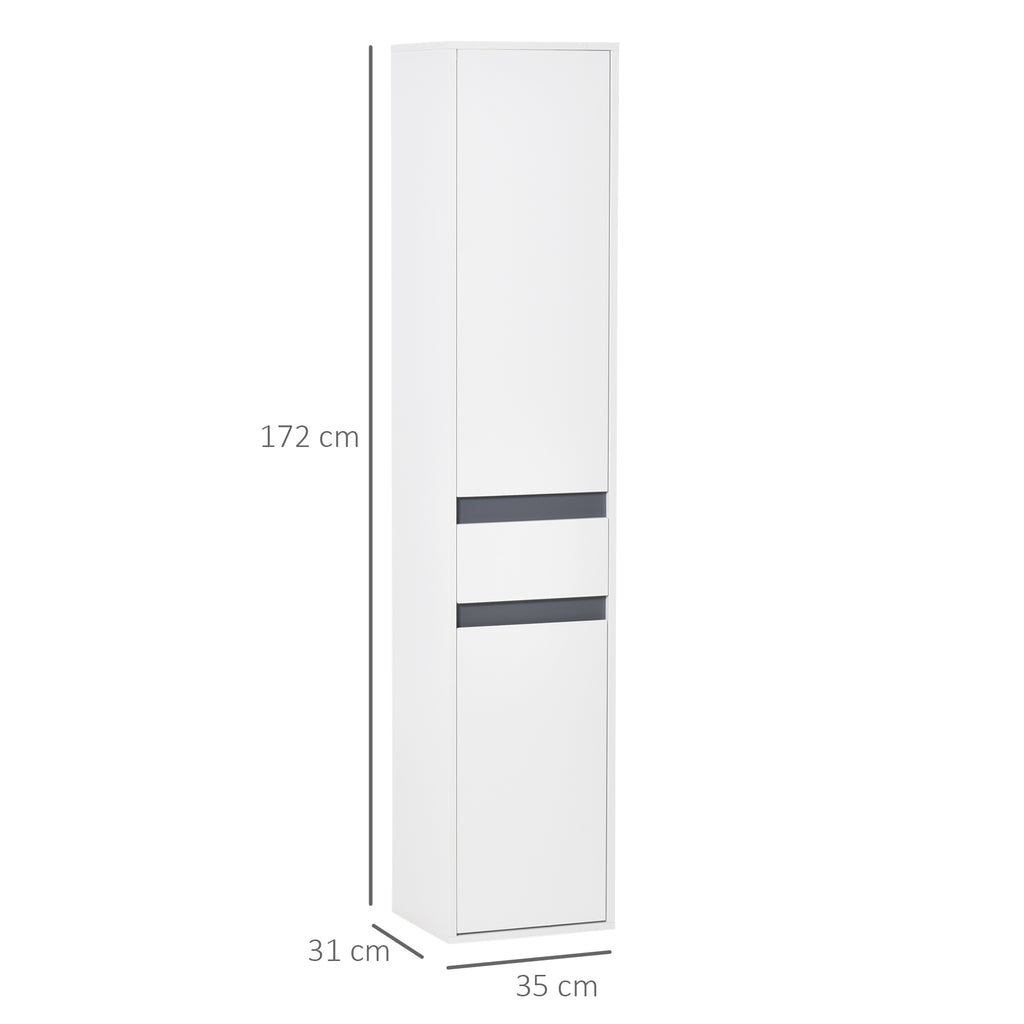 Meuble Colonne Rangement Salle de Bain Style Contemporain 2 placards 3 étagères et tiroir Coulissant Panneaux Particules Blanc-2
