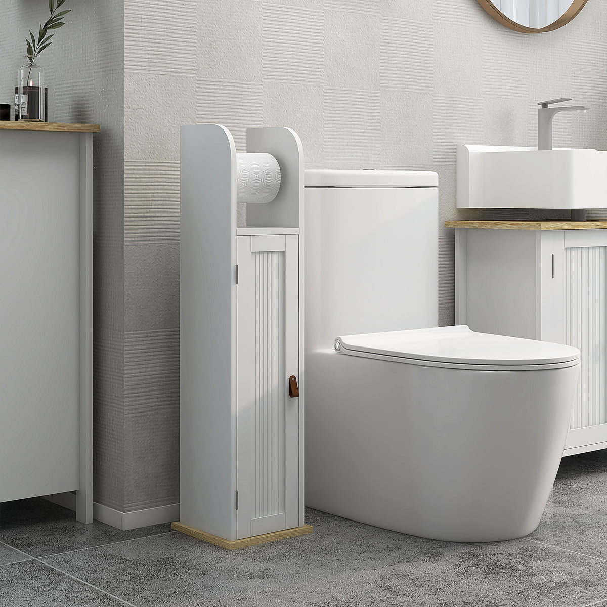 Meuble de salle de bain support papier toilette avec placard et étagères réglables 20 x 20 x 80 cm blanc-6
