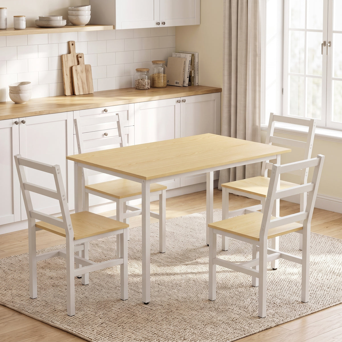 Ensemble Table Salle à Manger avec 4 Chaises, Table Rectangulaire 108 cm, Chaises à Dossier à Lattes, Chêne et Blanc-1