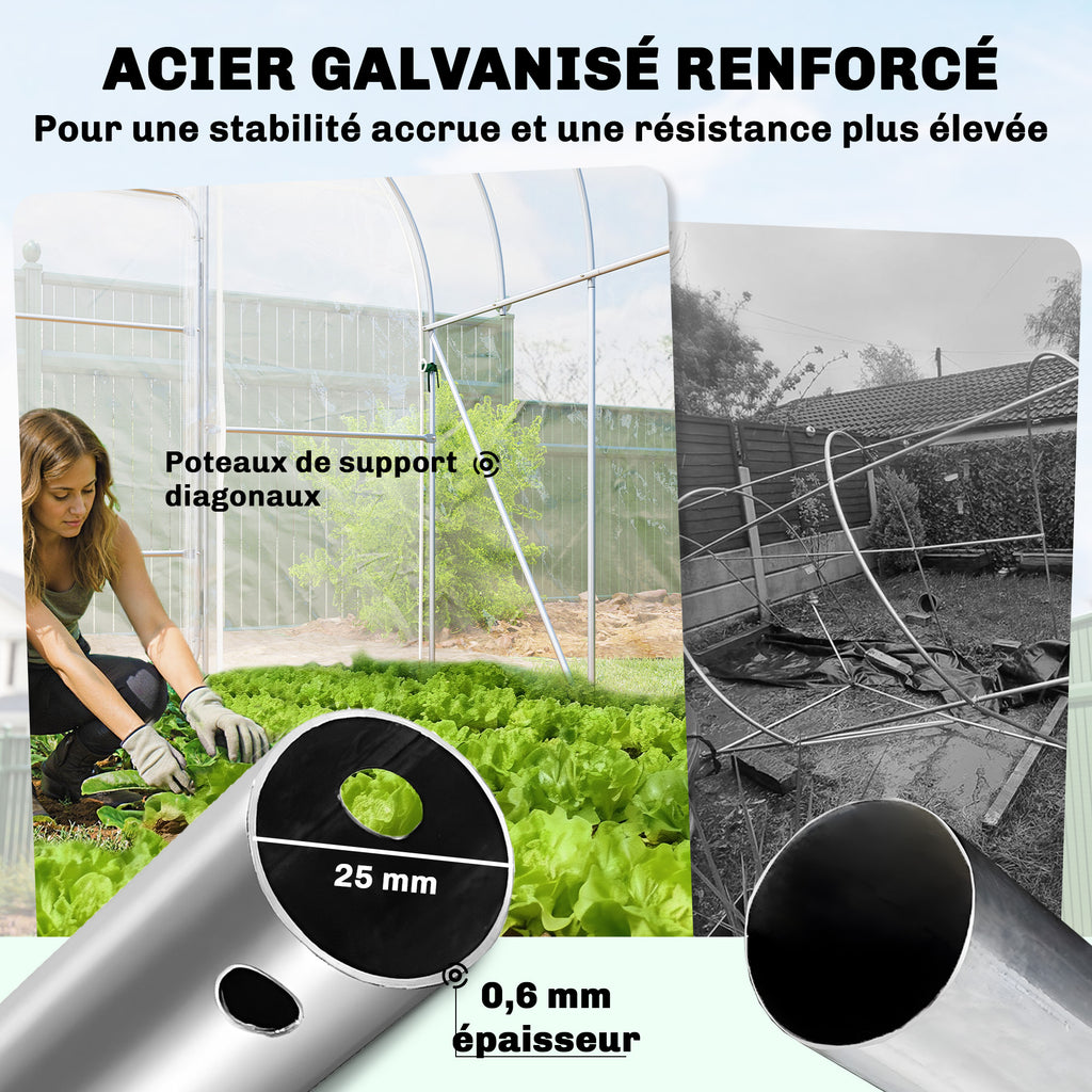 Serre Tunnel de Jardin 12m² Film PO Anti-goutte Acier Galvanisé 25mm Structure Renforcée 2 Portes Battantes Transparent-3
