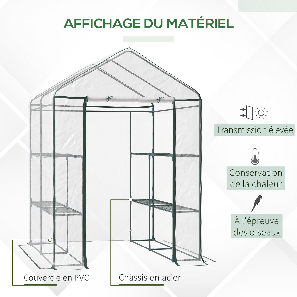 Serre de jardin avec étagères 3 niveaux, serre de balcon, châssis en acier, porte zippée enroulable, pour légumes plantes fleurs, intérieur et extérieur, 143x143x195cm, transparent-3