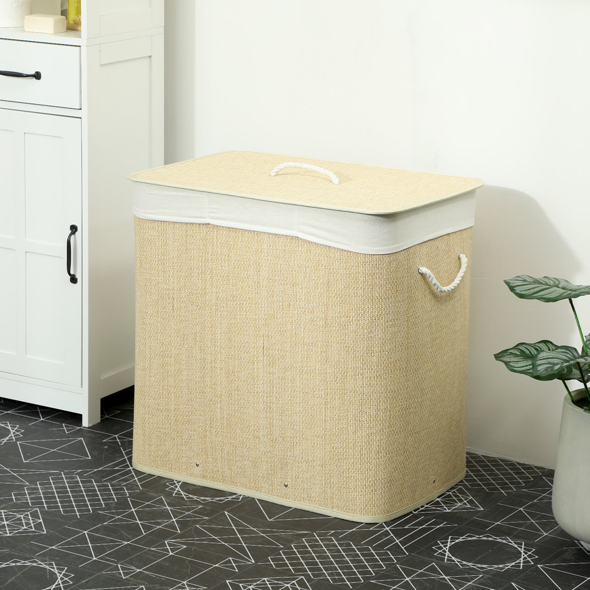 Panier à linge à trois compartiments avec couvercle, panier à linge en bambou 144 L avec poignées en corde-8