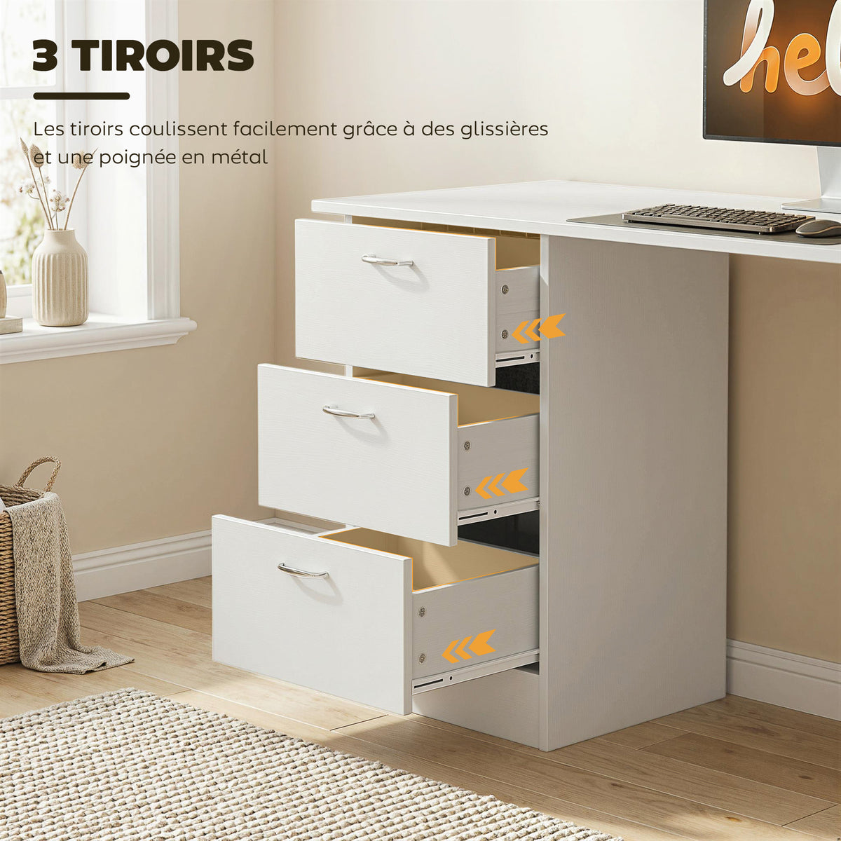 Bureau d'ordinateur avec 3 tiroirs et 3 étagères ouvertes, 120x49x72cm, bureau avec rangement réversible, style moderne, table informatique pour chambre, petit espace, télétravail, blanc-4