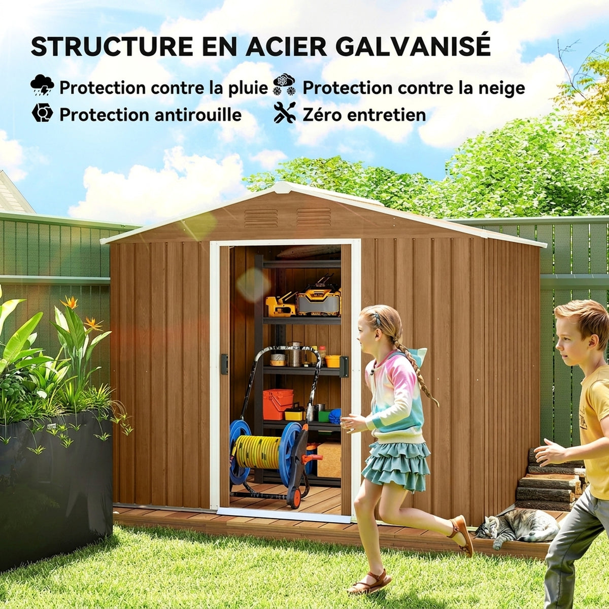 Abri de Jardin en Acier 3,6 m² Toit Incliné 4 Aérations Portes Coulissantes Verrouillables 236x171x191cm, Marron Foncé-3