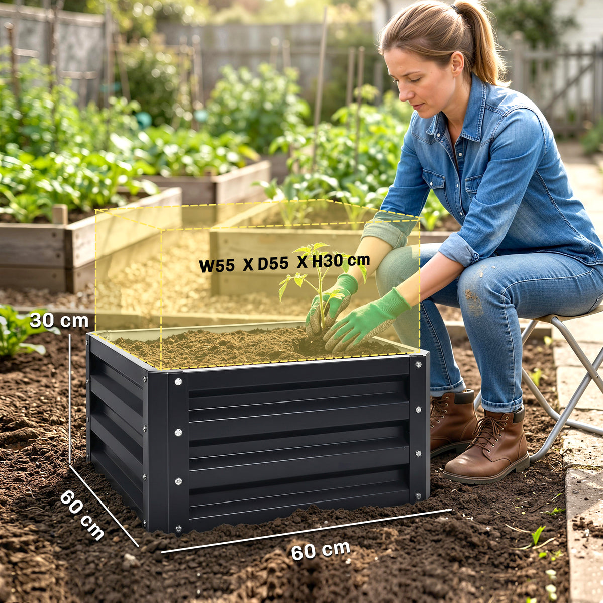 Lot de 2 jardinières surélevées, carre potager de jardin pour légumes, fleurs, acier galvanisé 60 x 60 x 30,5 cm, gris-2