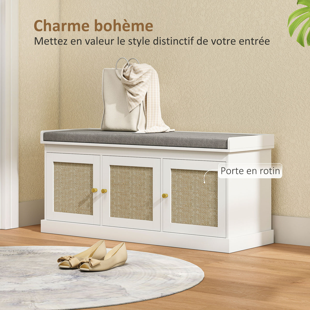 Banc chaussures entrée 9 paires, banc de rangement, 3 portes en rotin, coussin et étagère réglable, 105x35x47cm, blanc-3