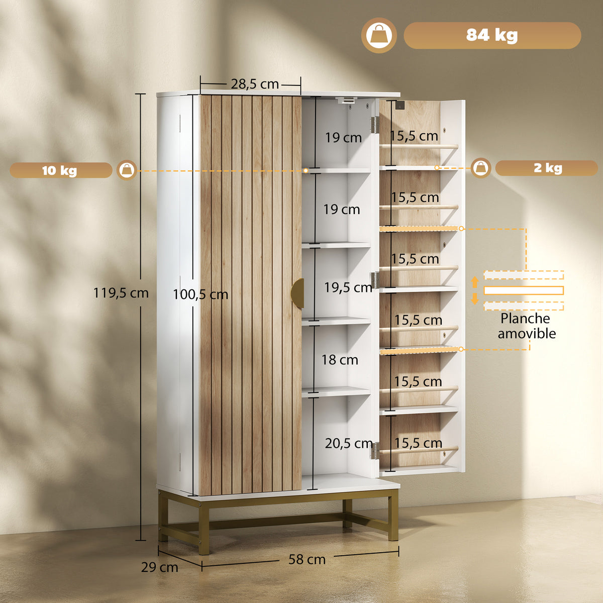 Armoire de cuisine meuble cuisine rangement avec 12 étagères à portes, étagères ajustables, 58x29x119,5cm, blanc-2