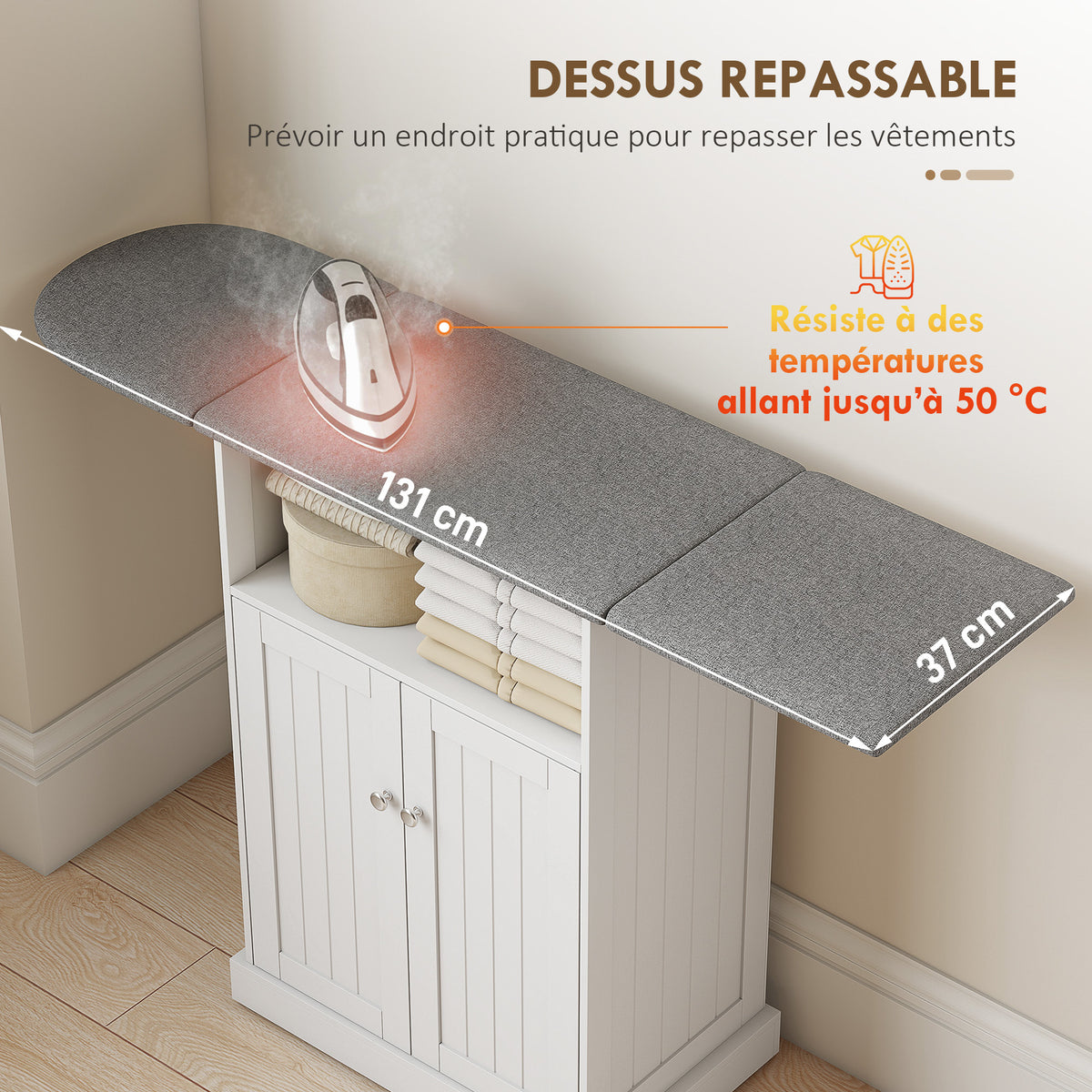Armoire à repasser sur roulettes, table à repasser avec plateau repassable et pliable, 131 x 37 x 89,5 cm, blanc-3