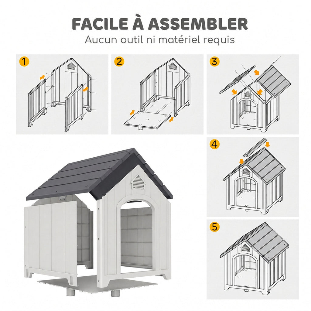 Niche pour chien extérieur, maison chien en polypropylène imperméable ventilé plancher surélevé 66x55x65cm gris clair-6