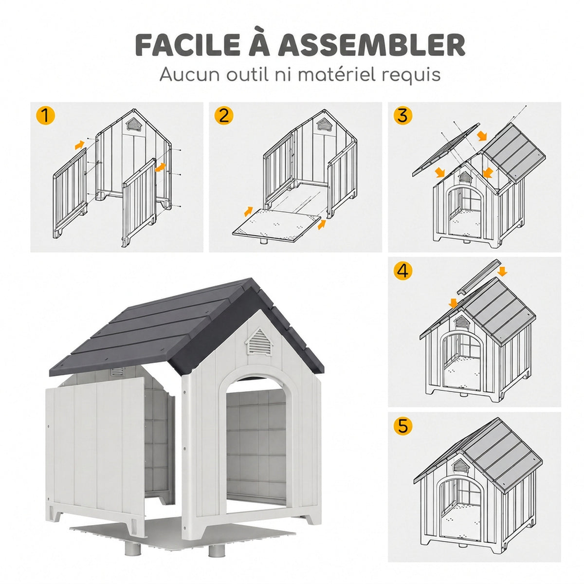 Niche pour chien extérieur, maison chien en polypropylène imperméable ventilé plancher surélevé 66x55x65cm gris clair-6