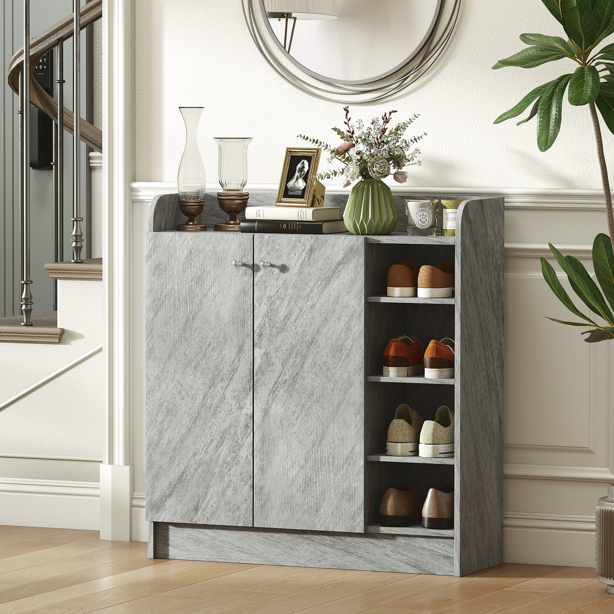 Meuble de rangement à chaussures pour entrée avec 4 compartiments ouverts et placard double porte - étagère réglable-9