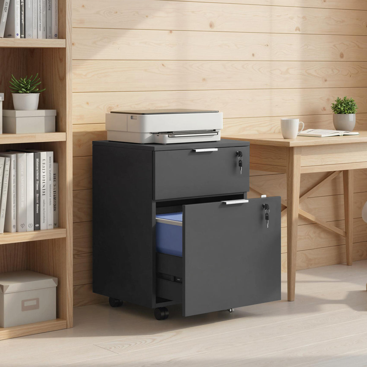 Caisson de bureau, meuble de rangement 2 tiroirs 2 barres pour dossier suspendu, verrouillable avec 2 clés 42x40x60 cm-8