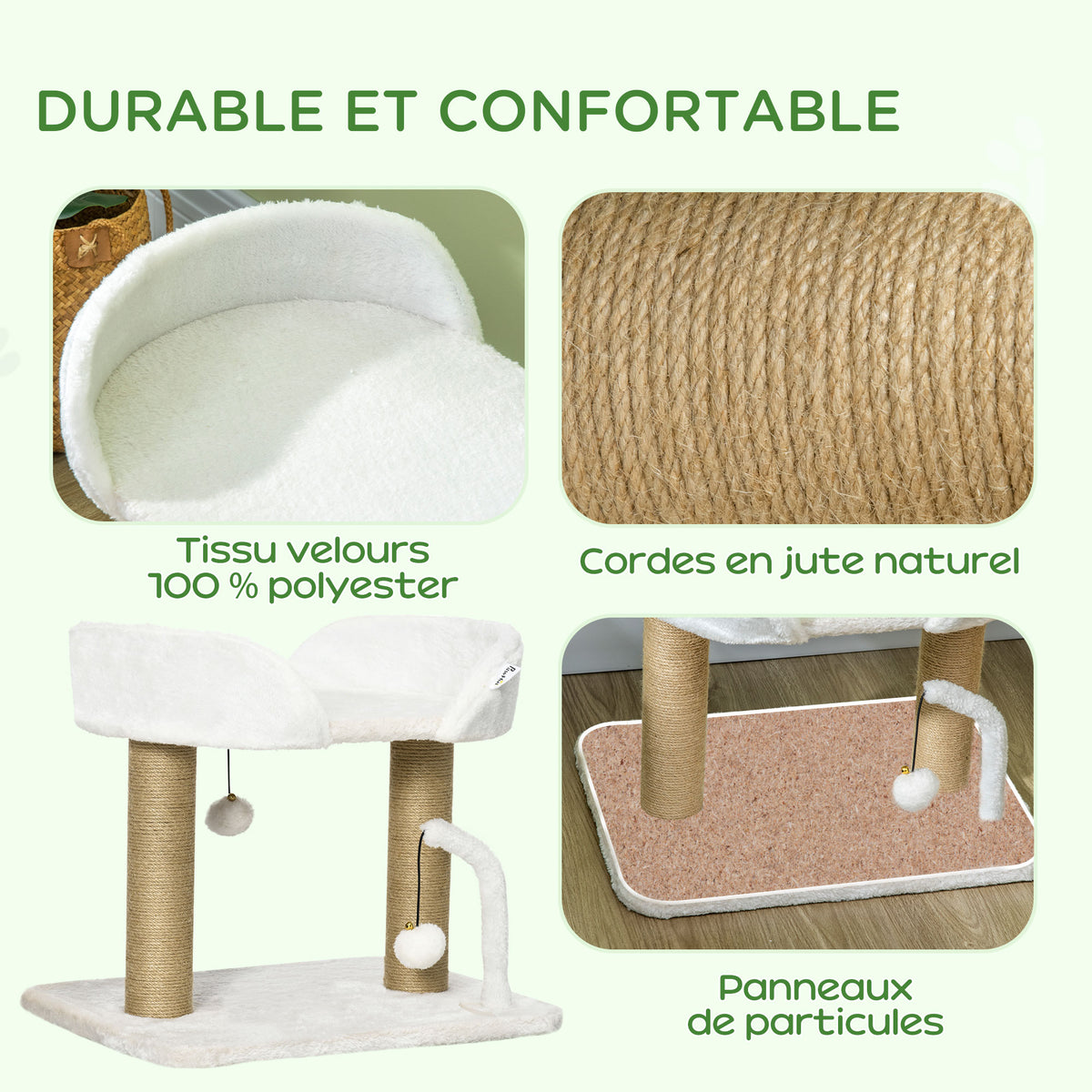 Arbre à chat grattoir design avec jeu 2 pompons suspendus 2 poteaux sisal plateforme peluche sisal 48 x 38 x 42 cm beige-3