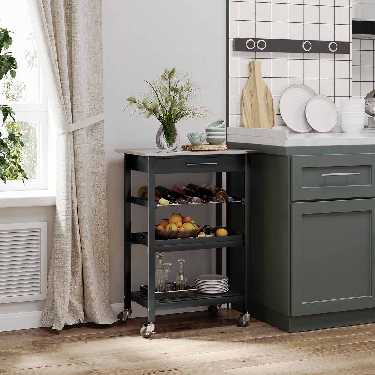 Chariot de Service desserte de Cuisine Table roulantes avec étagère rangement bouteille 60L x 40l x 85H cm Plateau en Acier INOX. Noir-1