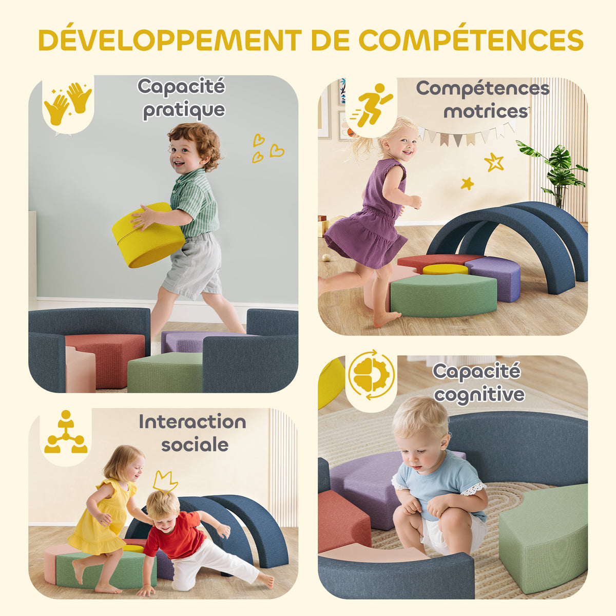 Parcours motricité bébé module motricité bébé 7 pièces avec housse lavable 107 x 107 x 30 cm multicolore-6
