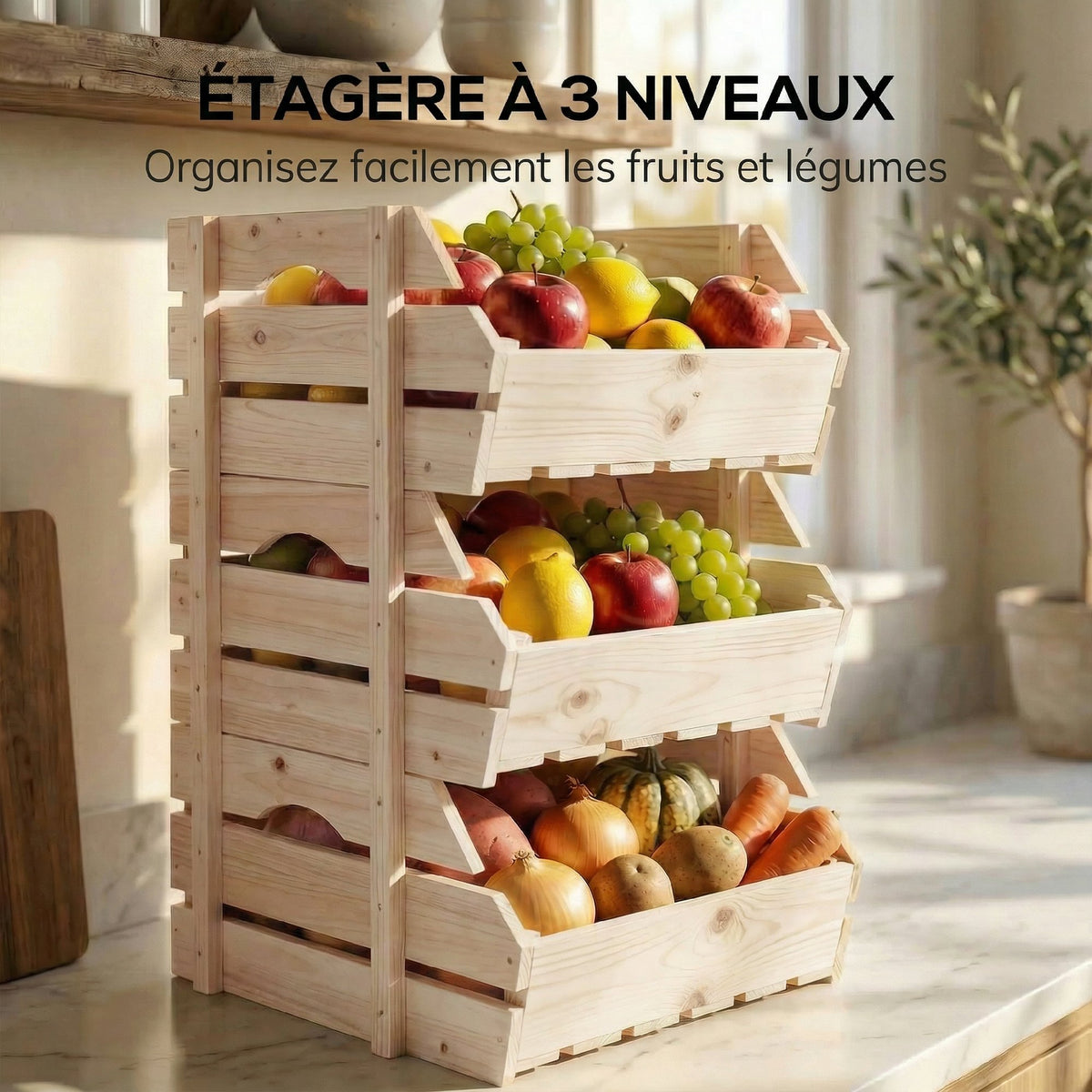 Support de Corbeille à Fruits en Bois de Sapin à 3 Étages Amovibles, pour Fruits et Légumes, 27x37,5x60cm, Naturel-3