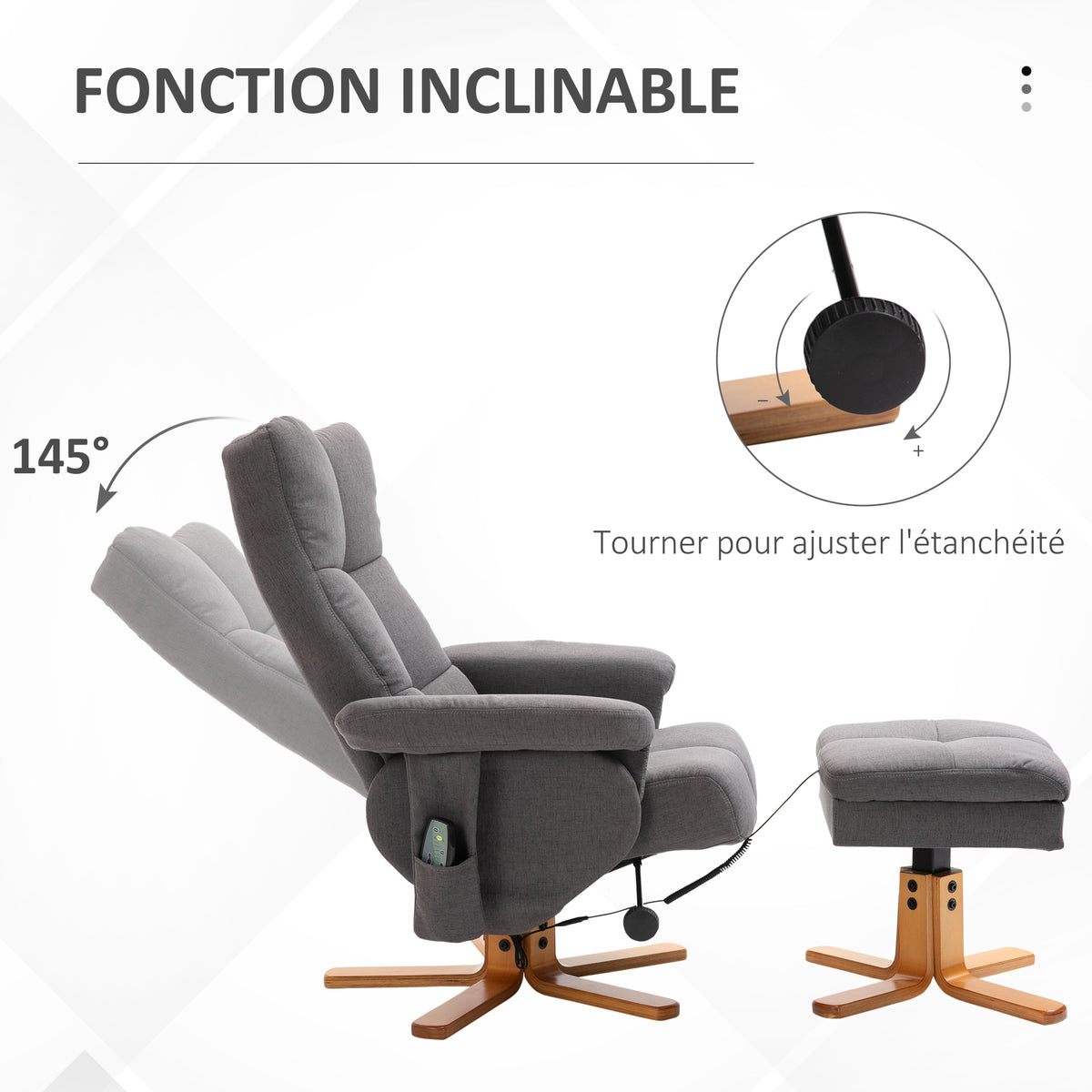 Fauteuil massant avec repose-pied - dossier inclinable jusqu'à 145°, coffre de rangement, appuie-têteet et télécommande-4
