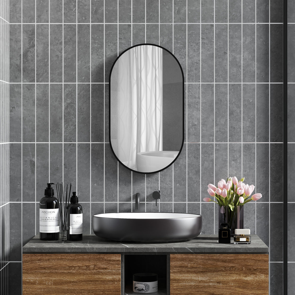 Miroir ovale mural cadre en aluminium style minimaliste montage vertical ou horizontal avec 3 crochets 40 x 70 cm noir-1