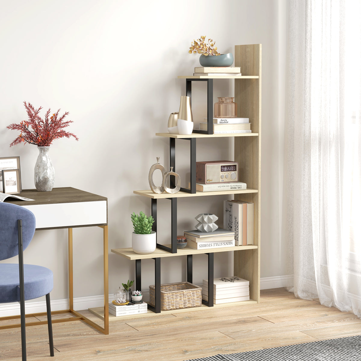 Étagère bibliothèque séparateur de pièce style industriel en escalier 5 étagères 102 x 30 x 160 cm coloris chêne-1
