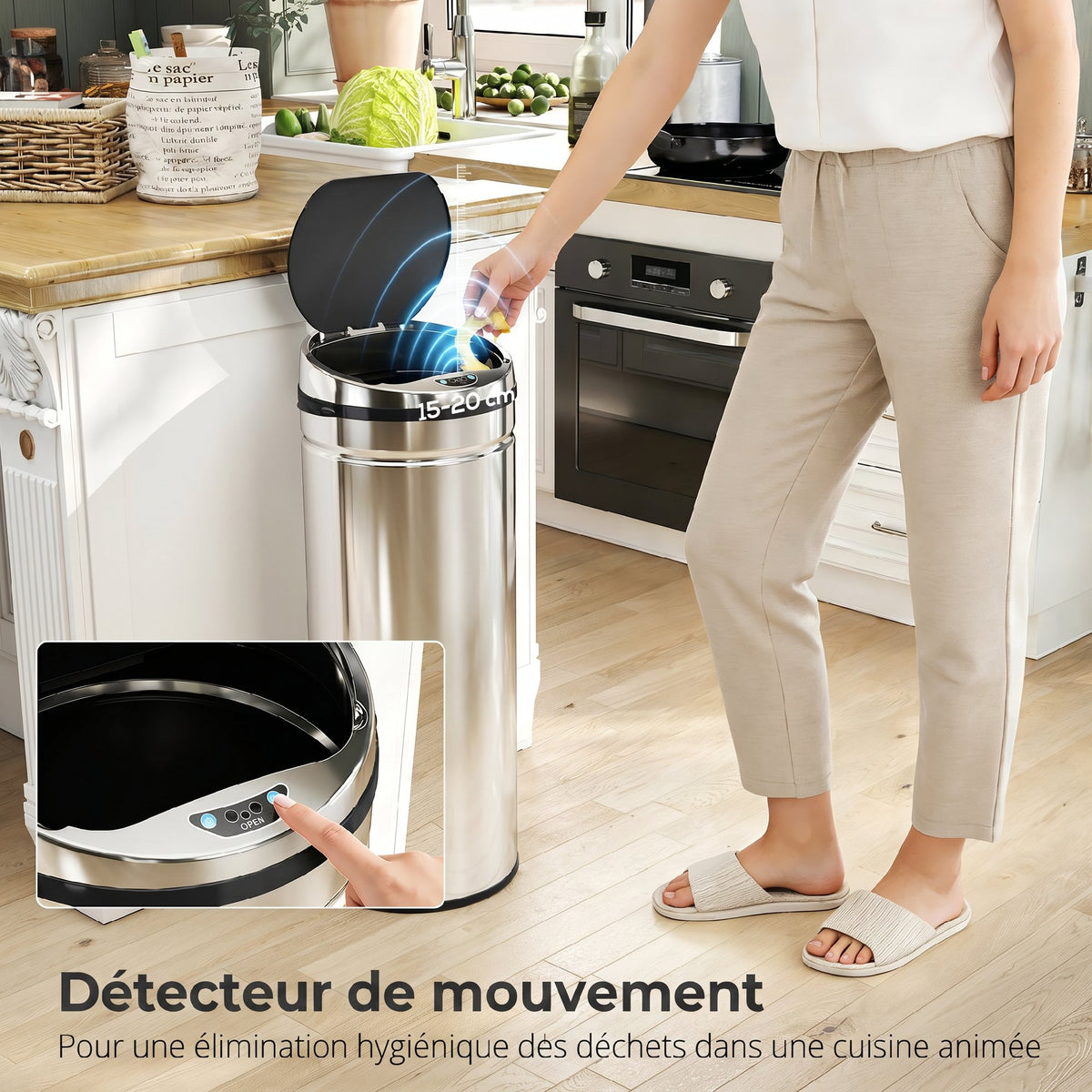 Poubelle à capteur de mouvement ouverture automatique 50 L en acier inoxydable noir et argent-3
