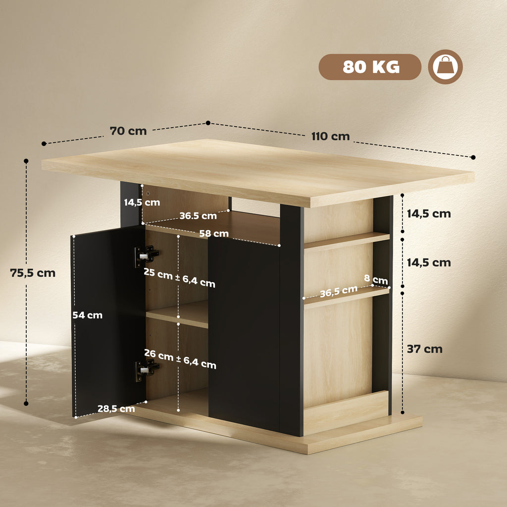 Table à manger ilot central cuisine avec grand plan de travail 4 personnes placard 4 portes 110 x 70 x 75,5 cm noir-2
