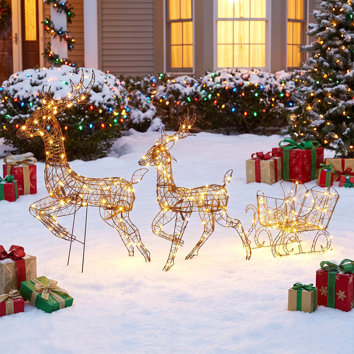 Lot de 2 Rennes de Noël avec Traîneau Lumineux 3 Pièces, 240 LED Blanc Chaud, 8 Modes et Minuterie, 78x22x105cm, Marron-1