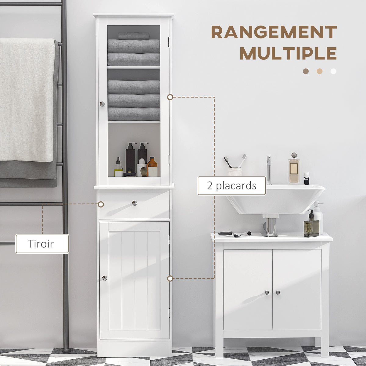 Meuble Colonne de Salle de Bain Placard Porte Acrylique 2 étagères Placard Porte 1 étagère tiroir MDF Blanc-3