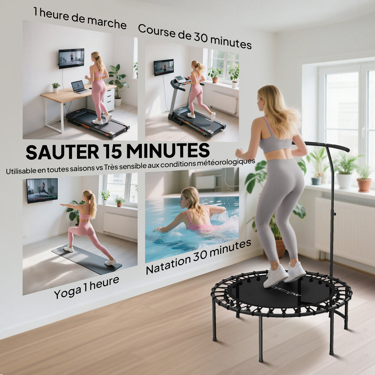 Trampoline de Fitness avec Cordes Élastiques, Poignée Réglable 5 Positions, Capacité 100 kg, Acier, Ø102x132cm, Noir-6