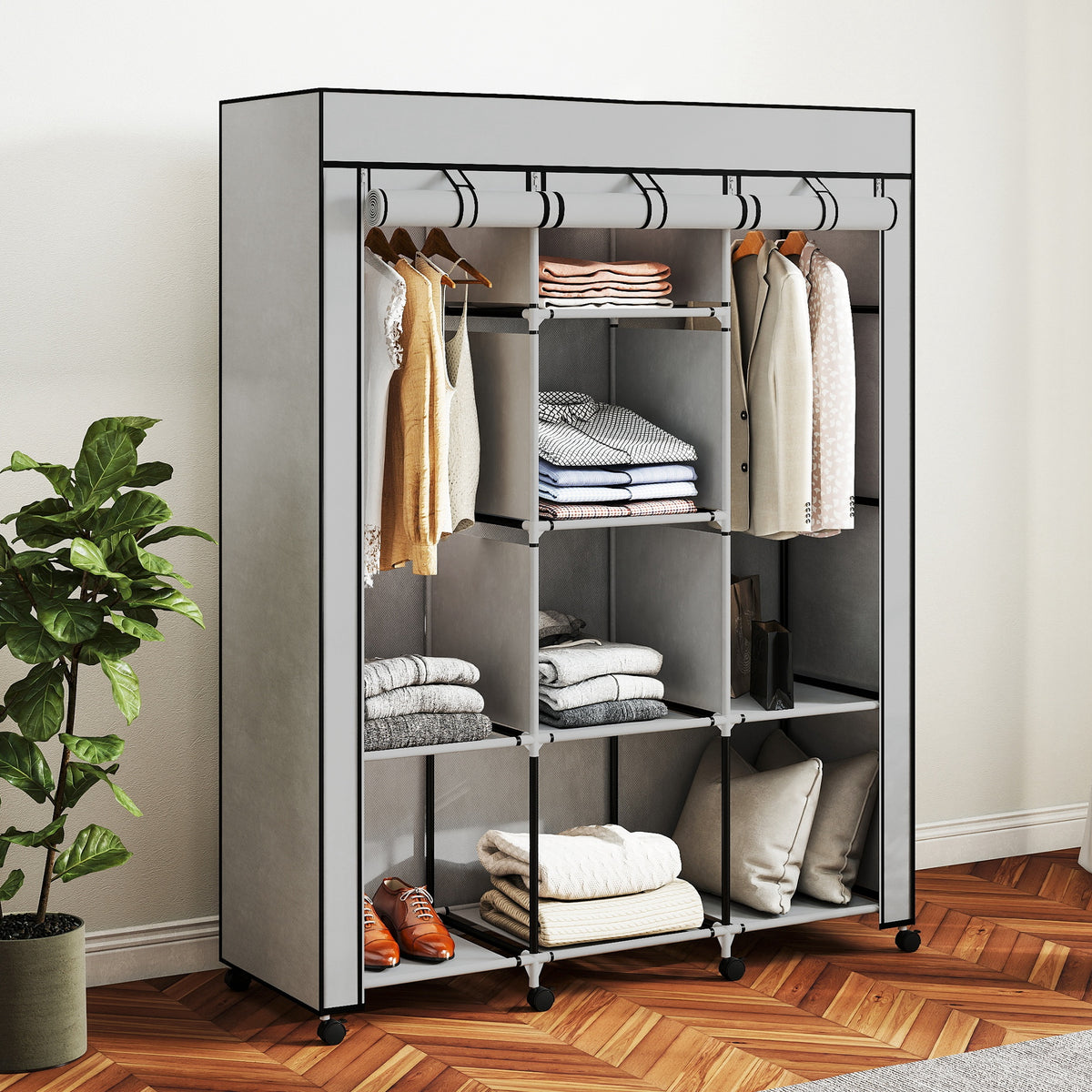 Armoire penderie multi-rangement - 8 étagères, 2 barres - non tissé gris-8