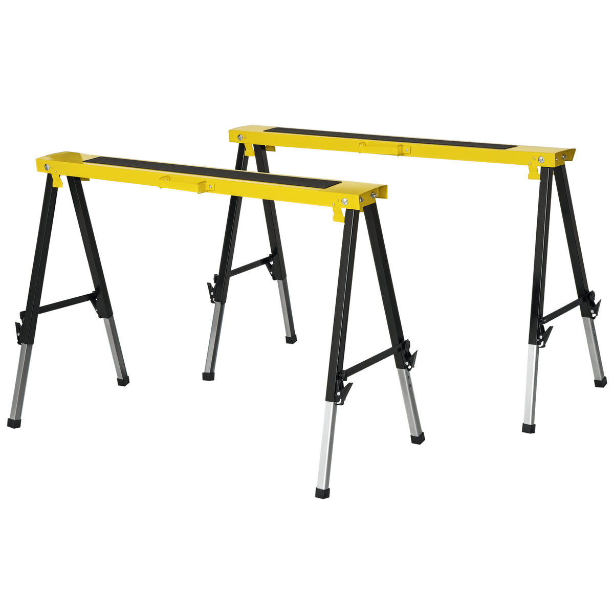 Lot de 2 Tréteaux Pliables Télescopiques Réglables en Hauteur, Poignée de Transport, Dim. 100L x 60l x 62-90H cm, Surface Antidérapante, Métal, Noir et Jaune-0