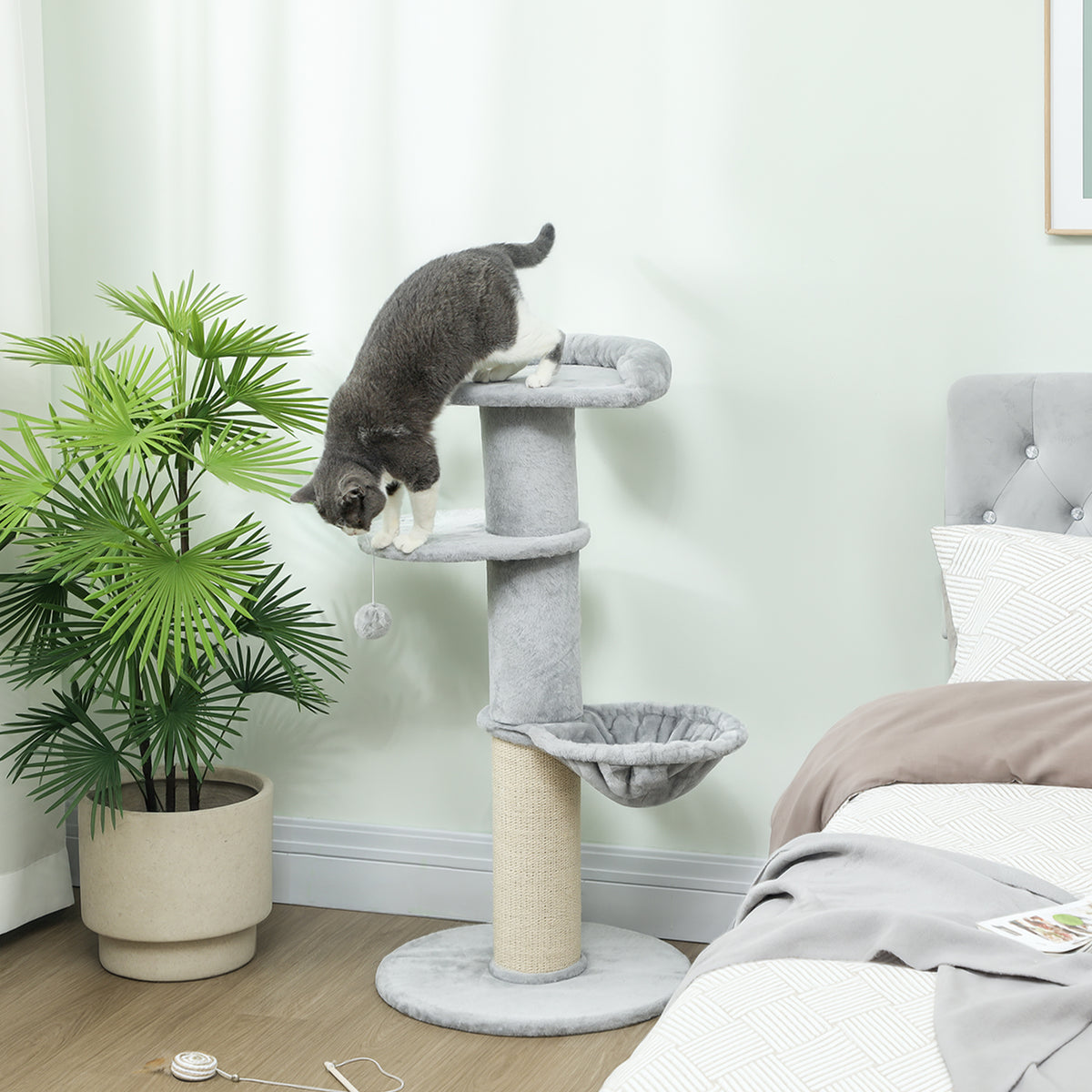 Arbre à chat tonneau à gratter pour chats griffoir en sisal, hamac, plateforme, balle jouet, Ø 48 x 103,5 cm, gris clair-1