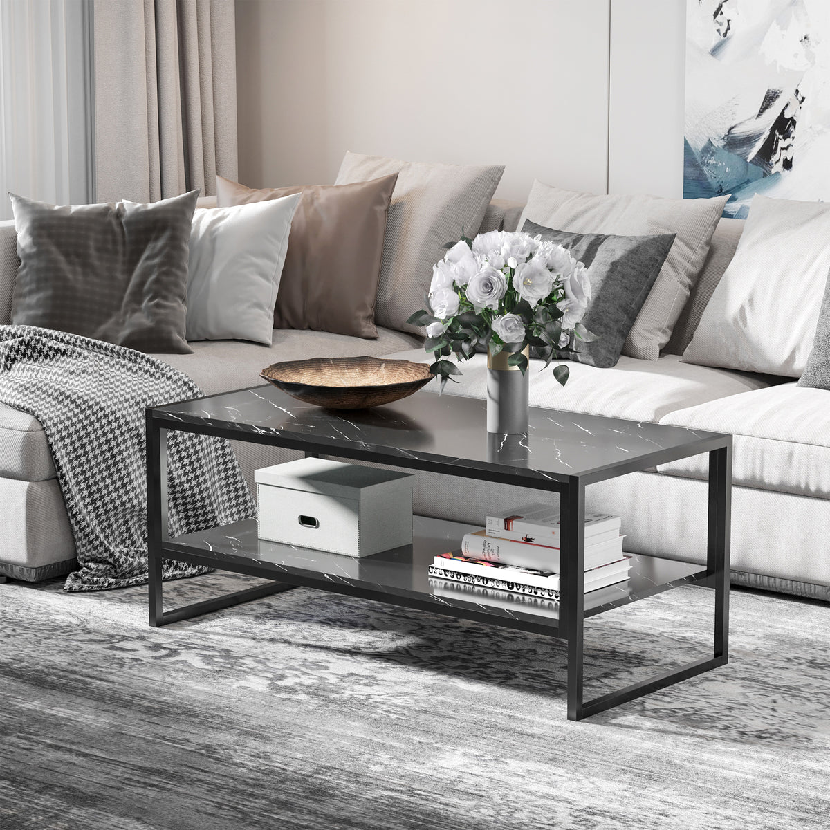 Table Basse Style Moderne avec 2 Étagères 106 x 50 x 47 cm Noir-1