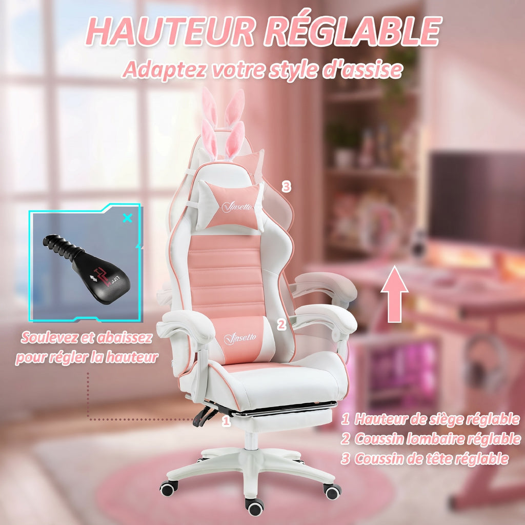 Chaise de gaming avec support lombaire, hauteur réglable, dossier inclinable, oreilles de lapin et appui-tête, rose-4
