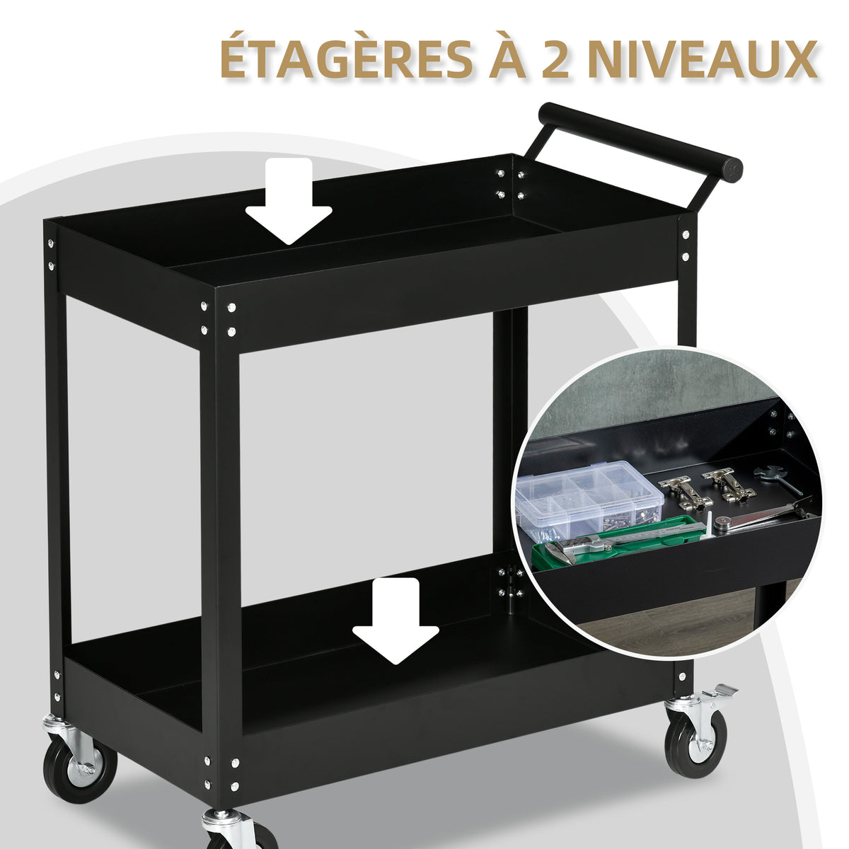 Chariot d'atelier servante atelier à 2 niveaux, poignée latérale et roulettes verrouillables, 84,5x38x84cm, noir-3