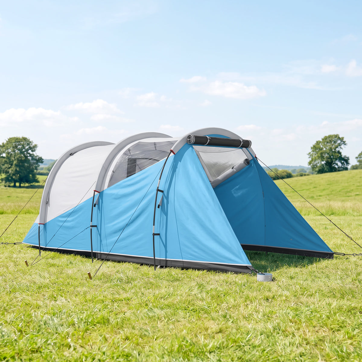 Tente de camping familiale 3 personnes, tente tunnel imperméable, 2 portes fenêtres, ventilée 4,6 x 2,6 x 1,9 m, bleu-1